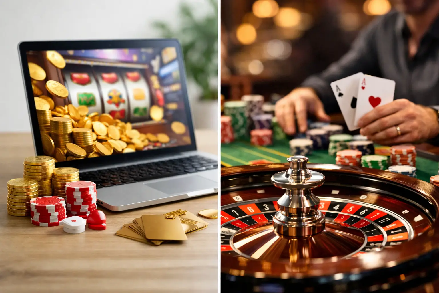 A split image shows two distinct gambling scenes. The left side features a laptop displaying an online slot machine with stacks of gold coins and casino chips, suggesting online gambling. The right side depicts a close-up of a roulette wheel with a person's hands holding two Aces, surrounded by stacks of casino chips on a green felt table, representing a live casino experience.