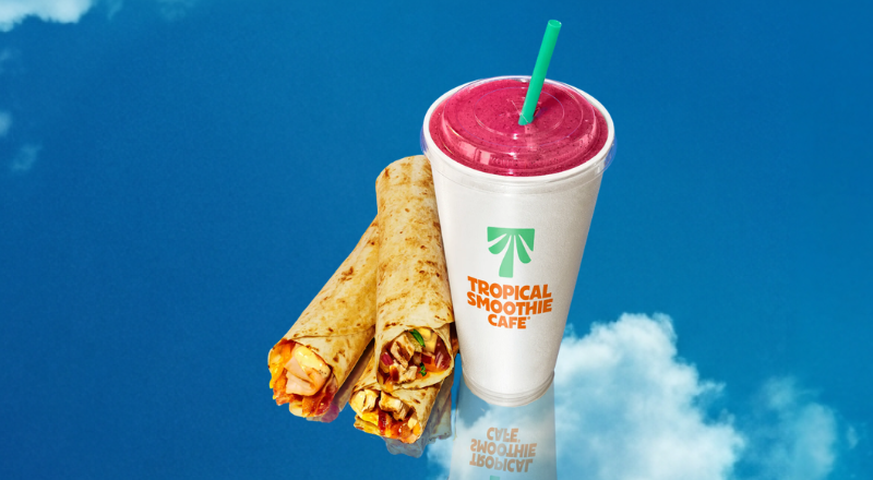 Tropical Smoothie Cafe Toasted Snack Rolls featuring Hawaiian Heat, Bacon Chipotle Chicken and Turkey Bacon Honey Dijon paired with a smoothie.
