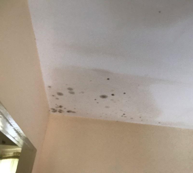 water stain on ceiling along with smoke and soot residue