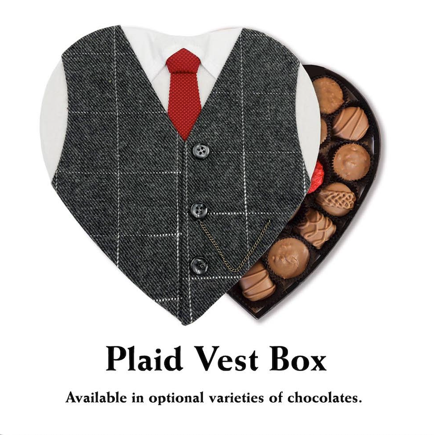 A heart-shaped box of chocolates from Florence's Exquisite Chocolates in Rexburg, ID, designed with a unique plaid vest cover. The packaging resembles a formal suit, featuring a gray plaid vest, white shirt, and red tie, making it an elegant and stylish gift. Inside, the box contains an assortment of premium chocolates, including milk chocolate, dark chocolate, and caramel-filled confections. This sophisticated and creative presentation highlights Florence’s Chocolates as an ideal gift for special occasions.