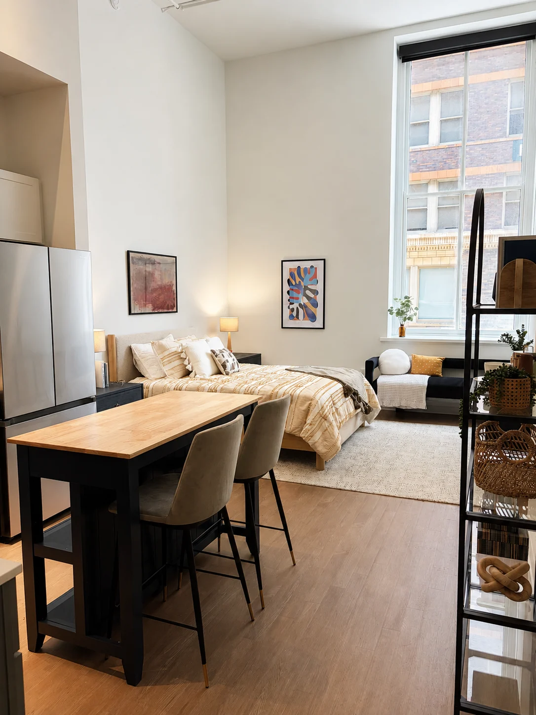 A modern bedroom with a large bed and a wooden table