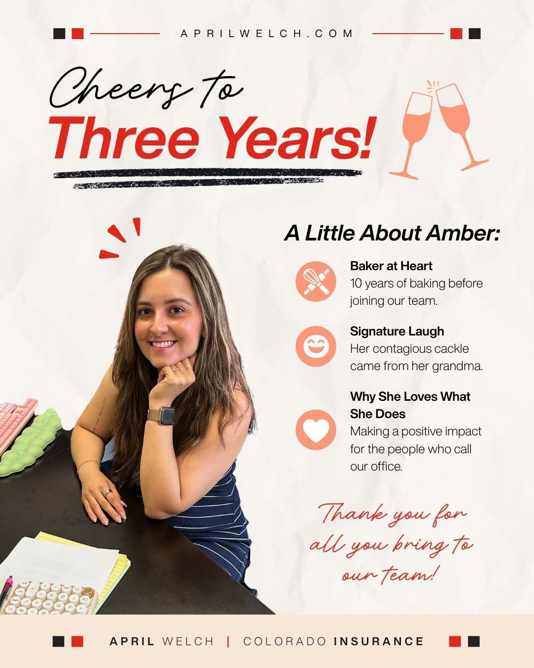 Celebrating Ambers 3 year work anniversary! We are grateful for the kindness, positivity, and care she brings to our team each day. Join us in congratulating Amber on this special milestone!