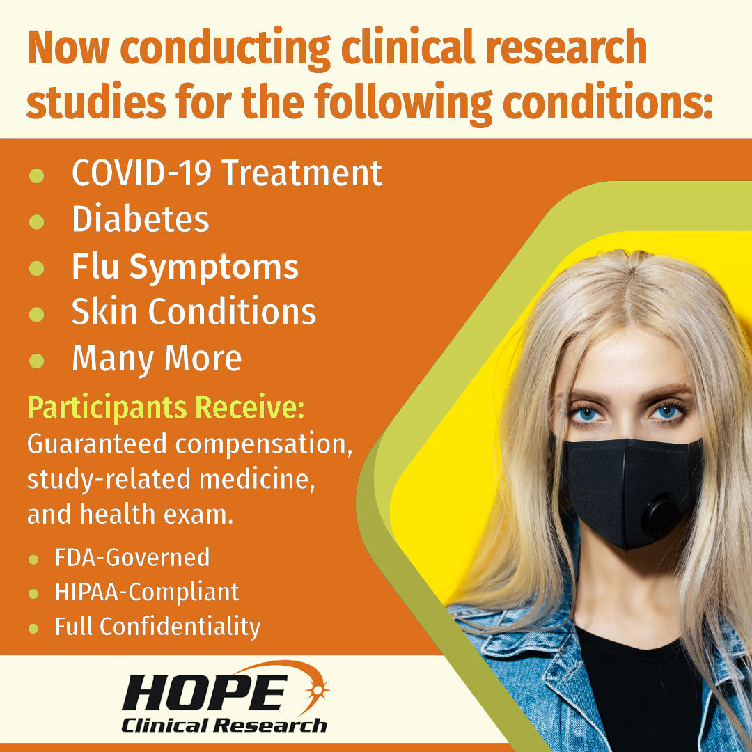 We are now offering clinical research studies for the following conditions: COVID-19, Flu Symptoms, Skin Conditions, Diabetes, and many more at our Canoga Park site. Participants receive a free health exam and free study-related medicines. Space is Limited. 
#ClinicalStudy #COVID19 #Diabetes #ClinicalTrial
