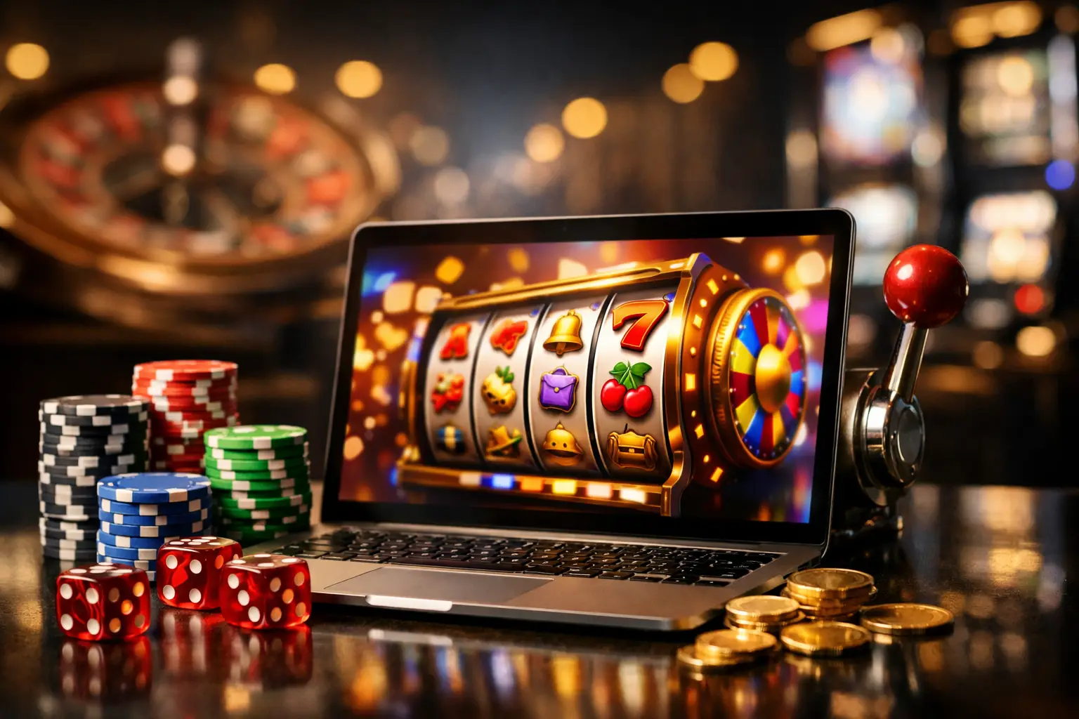 A laptop screen displays a colorful slot machine game, surrounded by casino-themed items like dice, chips, and gold coins. In the background, a blurred roulette wheel and other casino machines suggest a gaming environment.