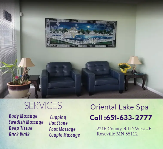 As Licensed massage professionals, my intention is to provide quality care, 
inspire others toward b Oriental Lake Spa Roseville (651)633-2777
