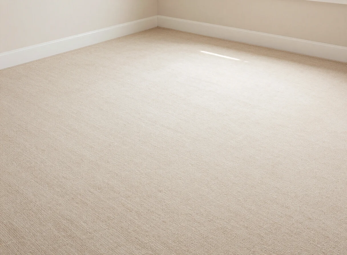 A corner of an empty room with light beige carpet and a white baseboard. Sunlight streams in from an unseen window, creating a bright patch on the carpet.