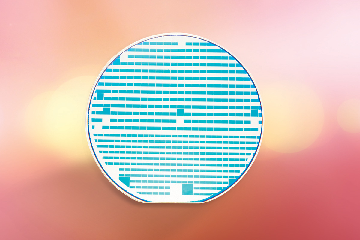 Precision photolithography patterned thin film coating on semiconductor wafer demonstrating DSI's advanced patterning capabilities. Features sizes as small as 5 μm on substrates up to 8 inches in diameter. Applications include filter arrays, fiducials, CMOS IR filters, and complex geometries for telecommunications, biomedical imaging, and scientific instrumentation.