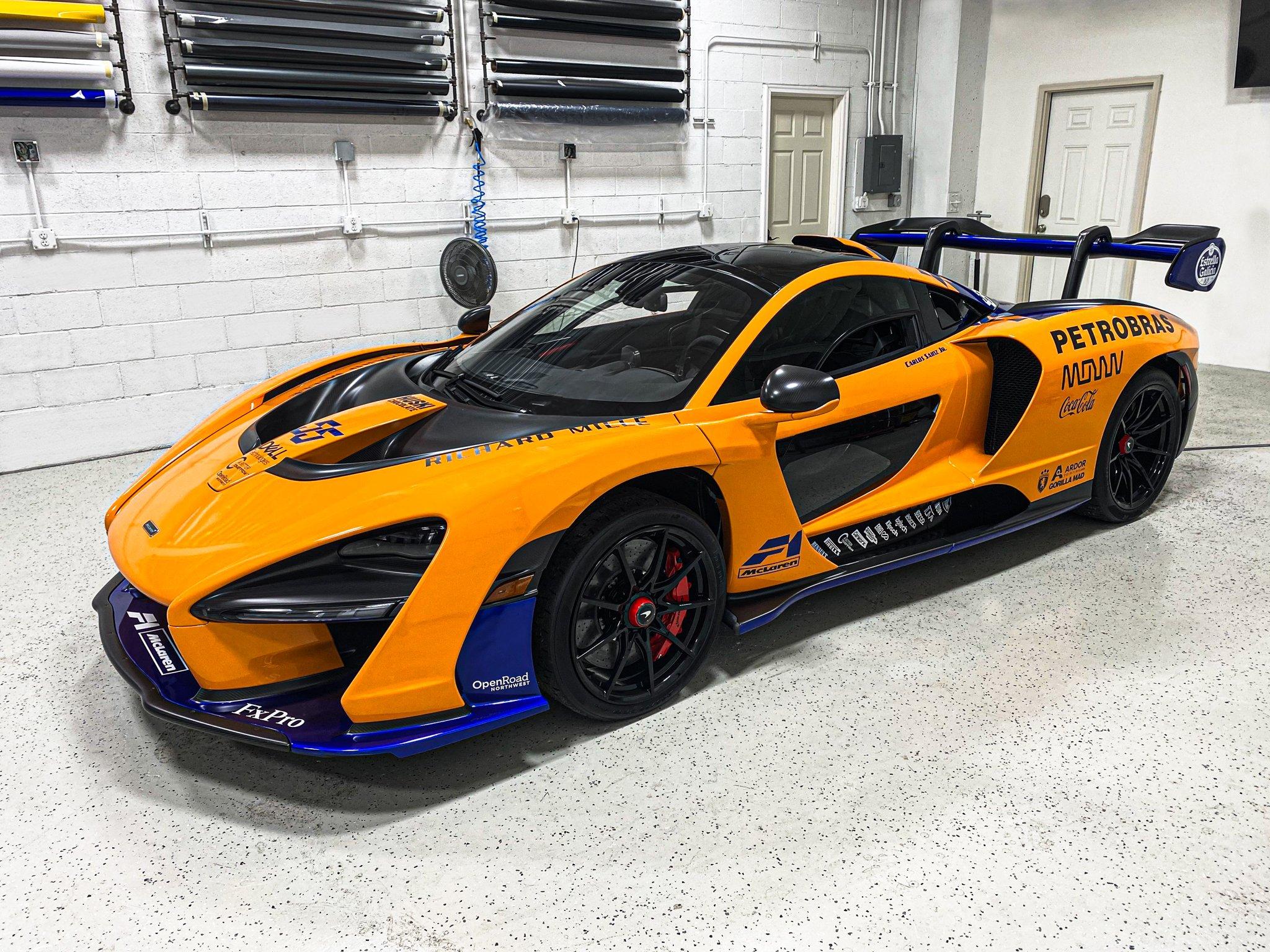 Custom racing livery wrap on a McLaren Senna supercar, printed and installed at Ardor Printing's Snohomish, WA shop.