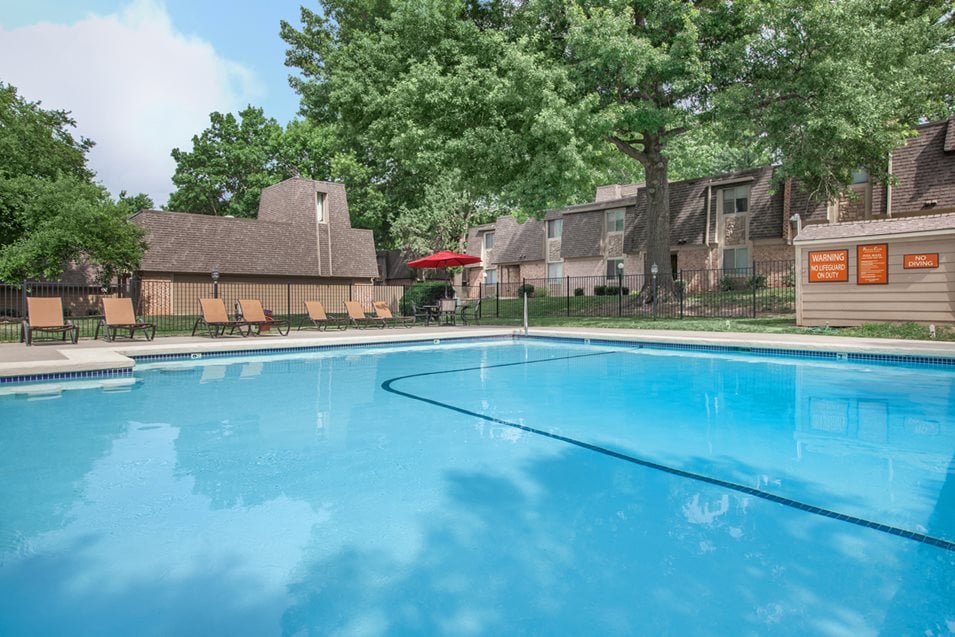 Pool view with building at Preston Court Apartments, Kansas, 66212