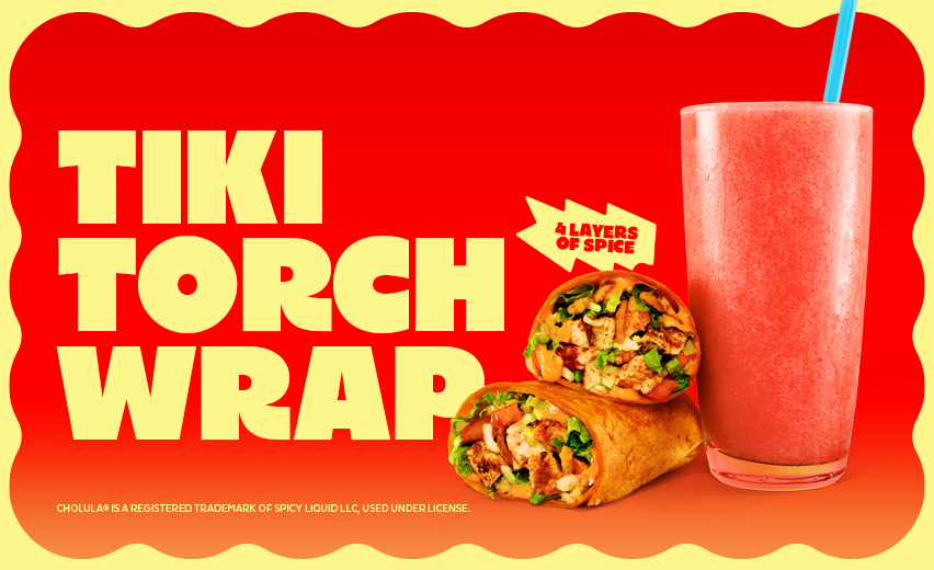 Tropical Smoothie Cafe® limited-time meal featuring a Tiki Torch Wrap, Spicy Chicken Wrap with hot and spicy grilled chicken and hot sauce and a Pomegranate Plunge™ Smoothie.