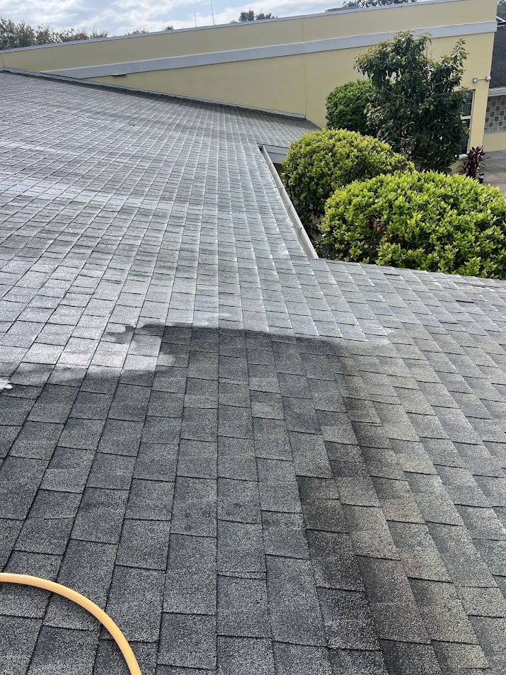 Professional roof soft washing in St. Cloud, FL designed to treat black streaks, algae, mildew, and organic growth without using damaging high pressure on roofing surfaces.