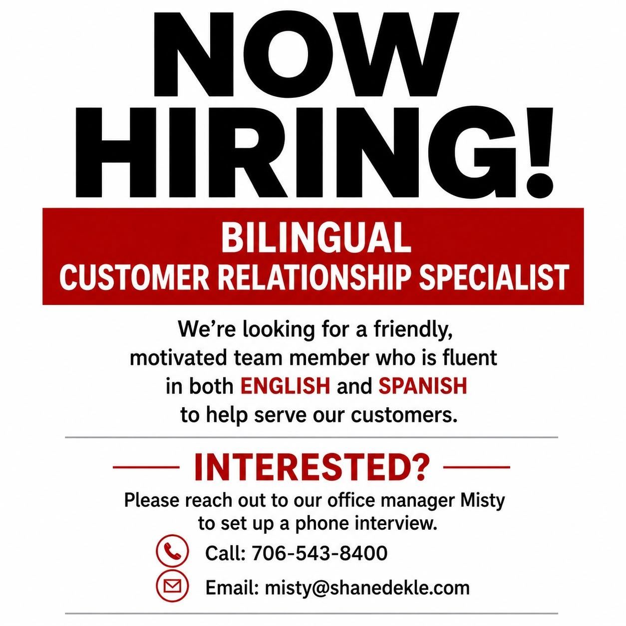 We are hiring. Our office is looking for a Bilingual Customer Relationship Specialist to join our team. If you are interested or know someone who would be a great fit, we would love to hear from you. Contact our office to learn more.