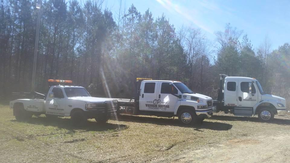C. P. Wrecker Service is a 24-hour towing facility. We are a young company, but rooted in experience and a sense of duty. Our specialty is onsite accident recovery and roadside assistance. From accident towing and recovery to providing relief from roadside mishaps, you can depend on us. We are located in Auburn, AL. We serve all the Auburn and Opelika areas with pride. This is our community, and we are committed to serving it. This powerful fleet is capable of towing vehicles of all sizes and kinds. From cars and SUV's to motorcycles and minivans depend on us to recover your vehicle. Specialty vehicles and items can be towed too, including tool boxes.  We strive to provide excellent service informed by our expertise and we like to be friendly about it. If your vehicle has experienced an accident or breakdown and requires towing, we can safely transport it to your desired location. We are partnered with several local automotive repair shops and can even recommend one to you. Don't hesitate to give us a call, 24 hours a day.
