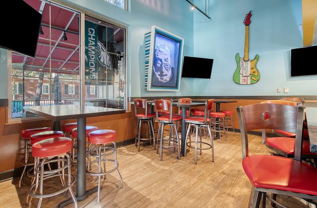 mellow mushroom high top tables in dining room