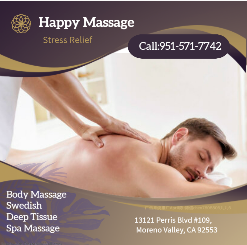 We pride ourselves in providing the best massage experience for everyone. 
All types of massage are  Happy Massage Moreno Valley (951)571-7742