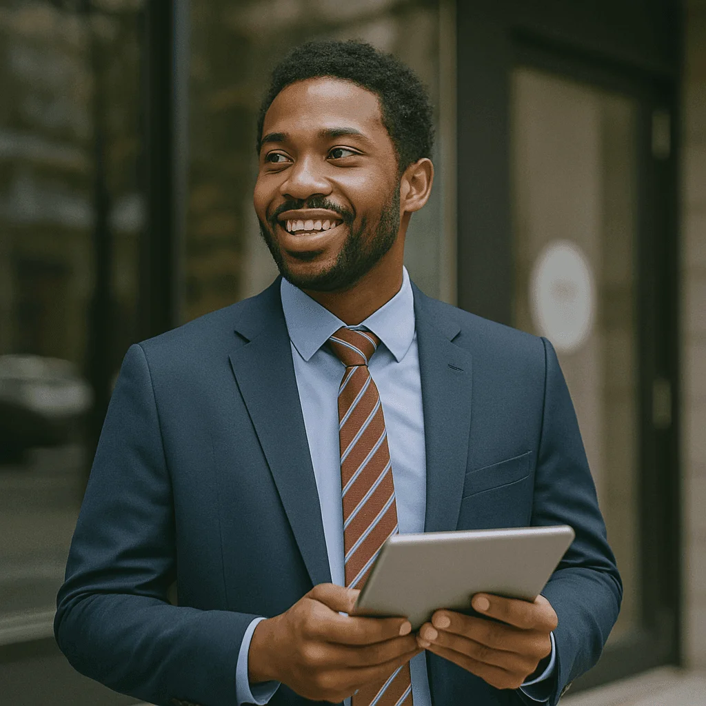 A Black man in a suit and tie holds a tablet and smiles while looking off to the side. He is standing in front of a building with large windows.