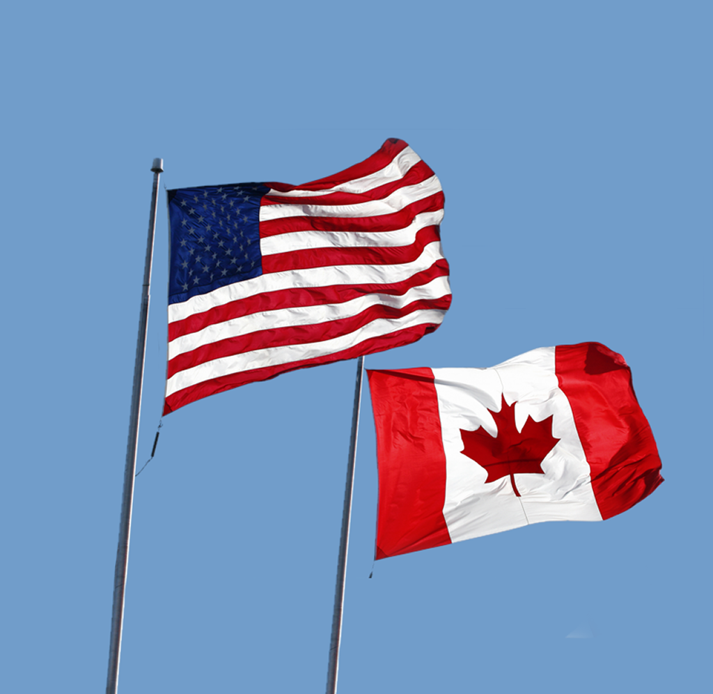 The Canadian and American flags.