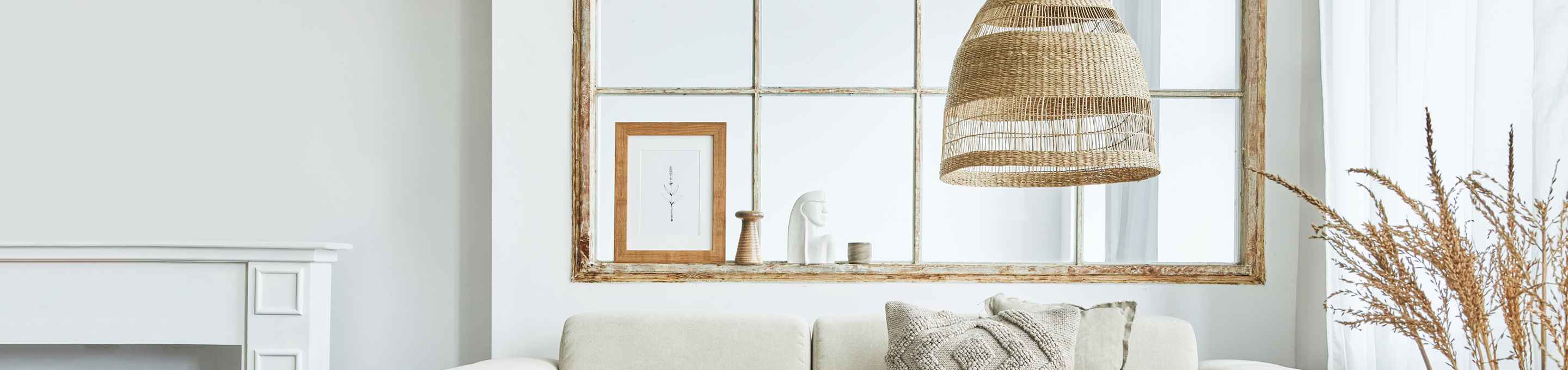 A light and bright living room setting with wood accents.