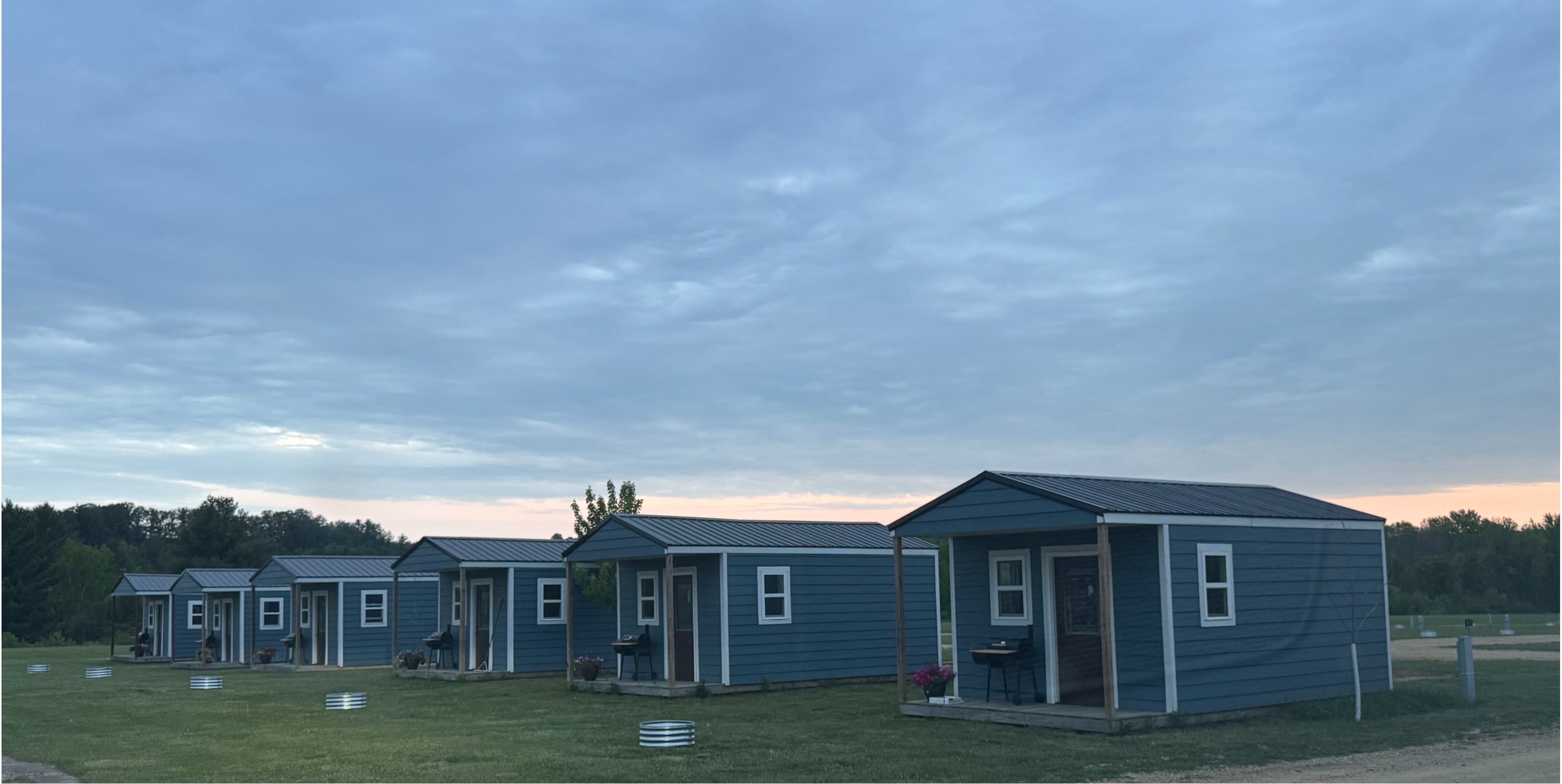 Row of new cabins for rent at Howling Hills Campground near Wisconsin Dells, WI