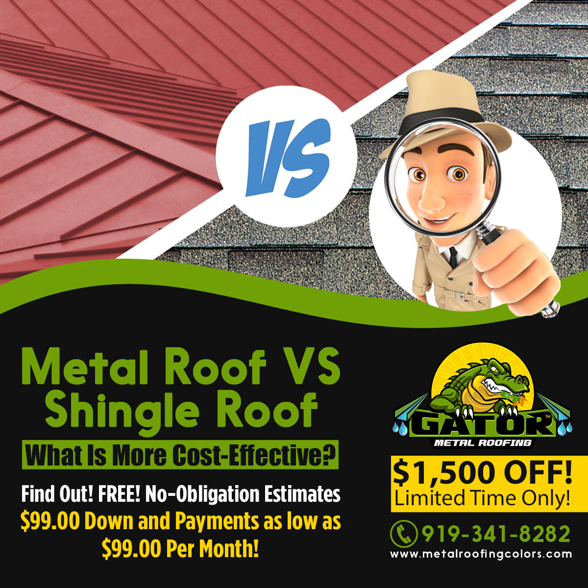 Metal VS Shingle Roof, Gator Metal Roofing, serving North Carolina homeowners, energy efficient metal roofing free estimates