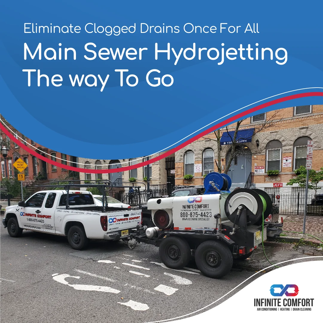 A white pickup truck towing a specialized hydro jetting trailer is parked on a street in front of a brick building. The truck and trailer are branded with "INFINITE COMFORT" logos and contact information. Text overlays on the image promote "Main Sewer Hydrojetting" and advertise "Infinite Comfort" services for air conditioning, heating, and drain cleaning. The scene appears to be a professional service advertisement.