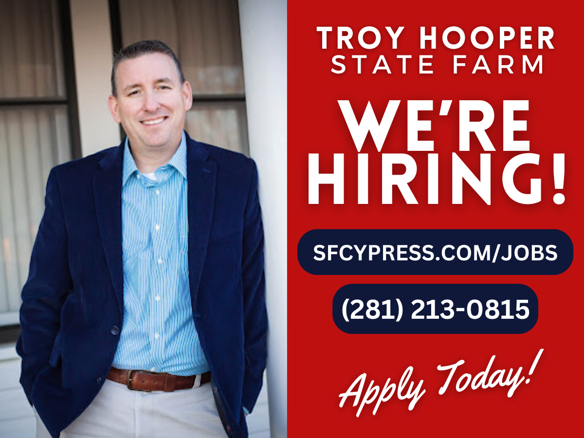 Join our team at Troy Hooper State Farm Insurance Agency and make a difference in people’s lives. We are hiring for multiple positions at our office in Cypress, Texas.

Apply for a rewarding career with potential for growth!