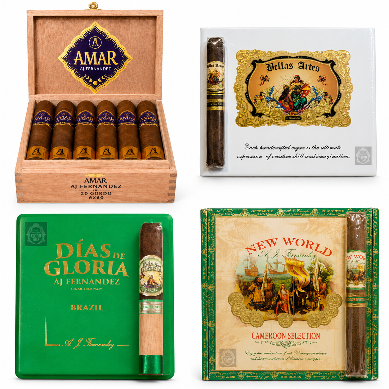 Discover the A.J. Fernandez premium cigar collection featuring Amar, Bellas Artes, Días de Gloria, and New World. Handcrafted with rich flavors and exceptional quality for cigar enthusiasts.