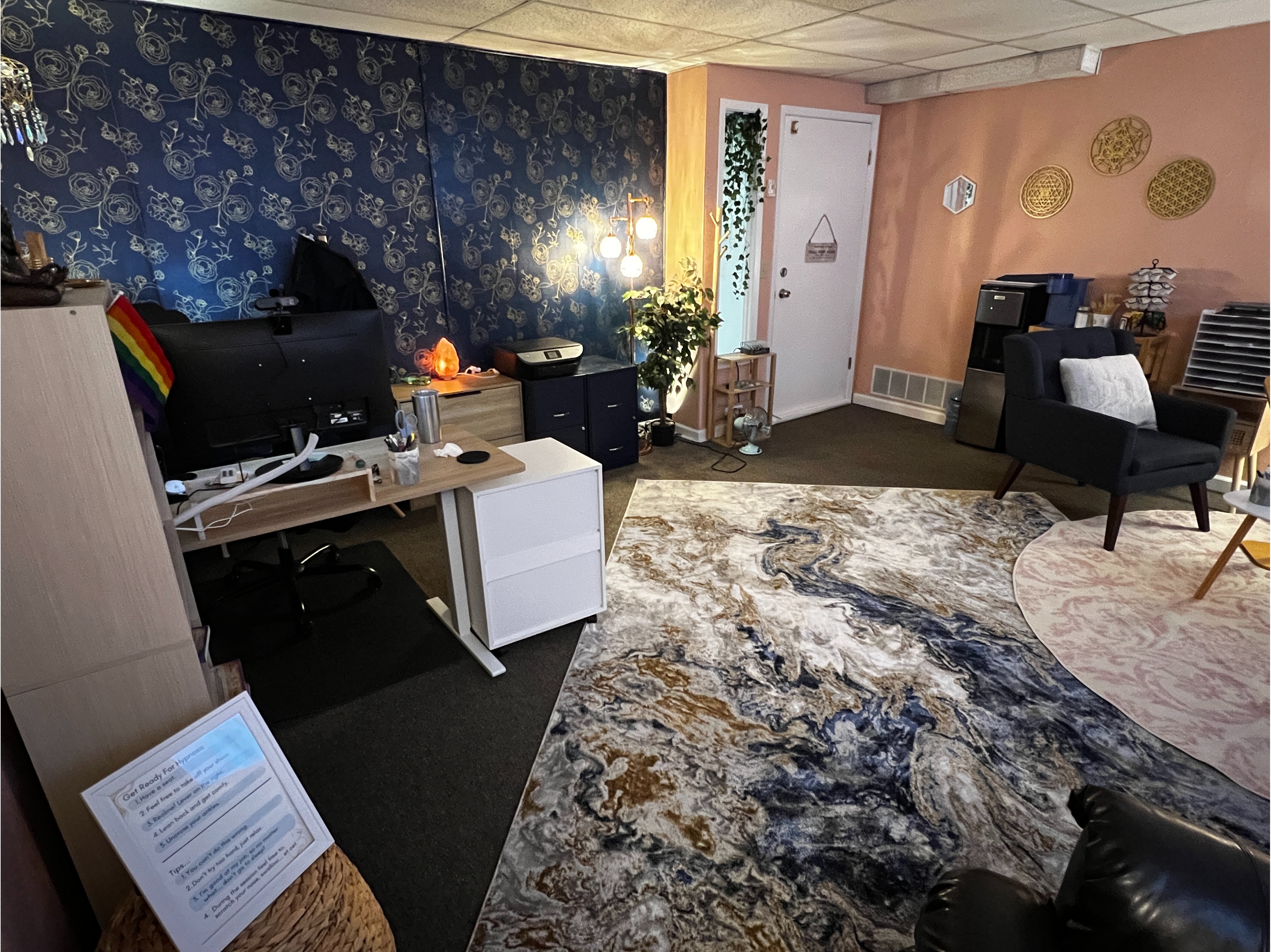 Coaching & Hypnosis Office Workspace: Professional coaching and hypnosis office workspace combining warmth, comfort, and modern functionality for in-person and virtual hypnosis, mindset coaching, and emotional wellness sessions.