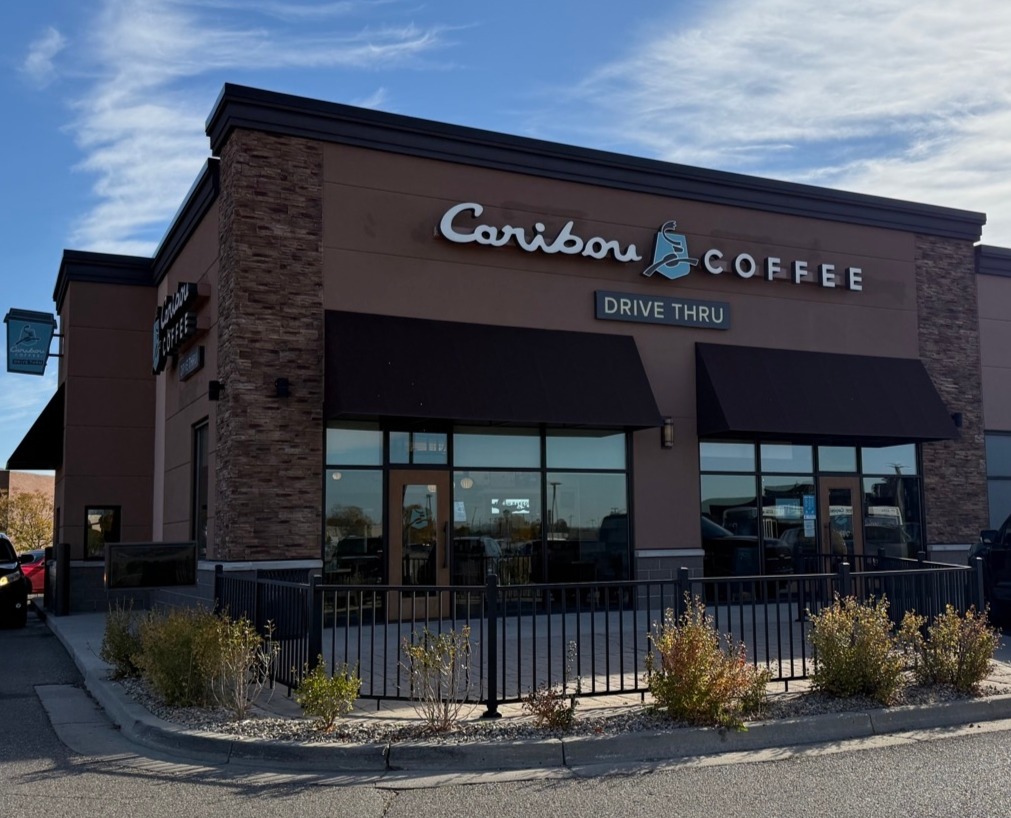 Storefront of the Caribou Coffee at 601 South 3rd Street in Bismarck