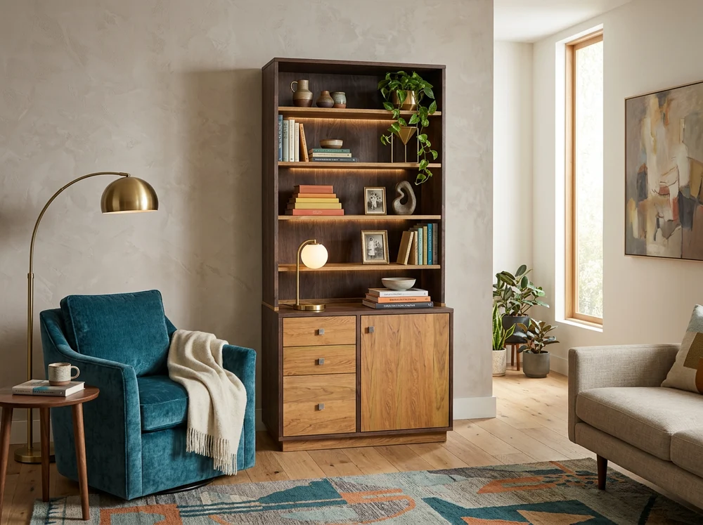 Cody Bookcase Credenza by Foundry 39, an 88-inch solid Maple wood storage system with adjustable she 