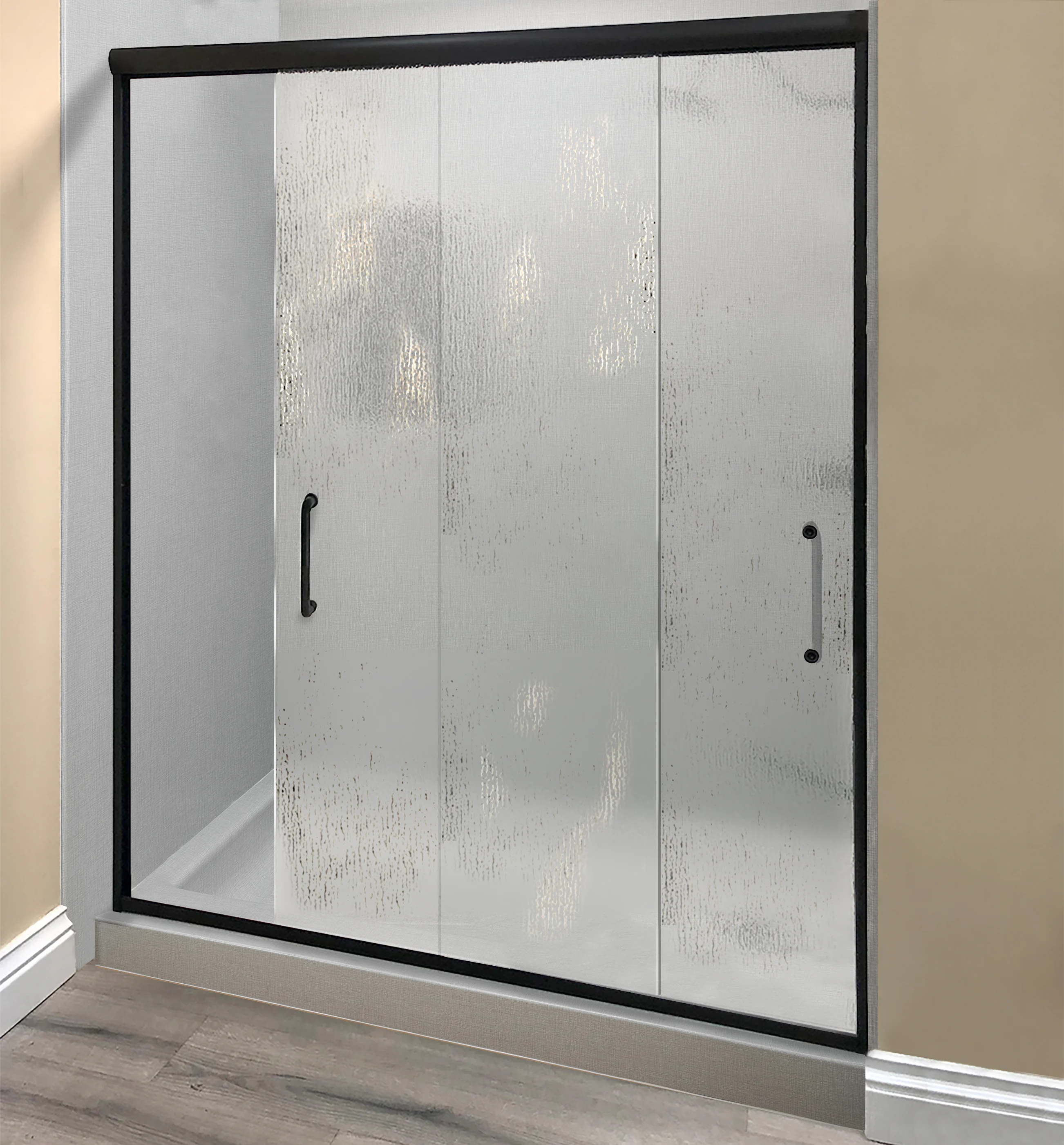 Sliding glass shower doors with modern black frame in Portland, Maine