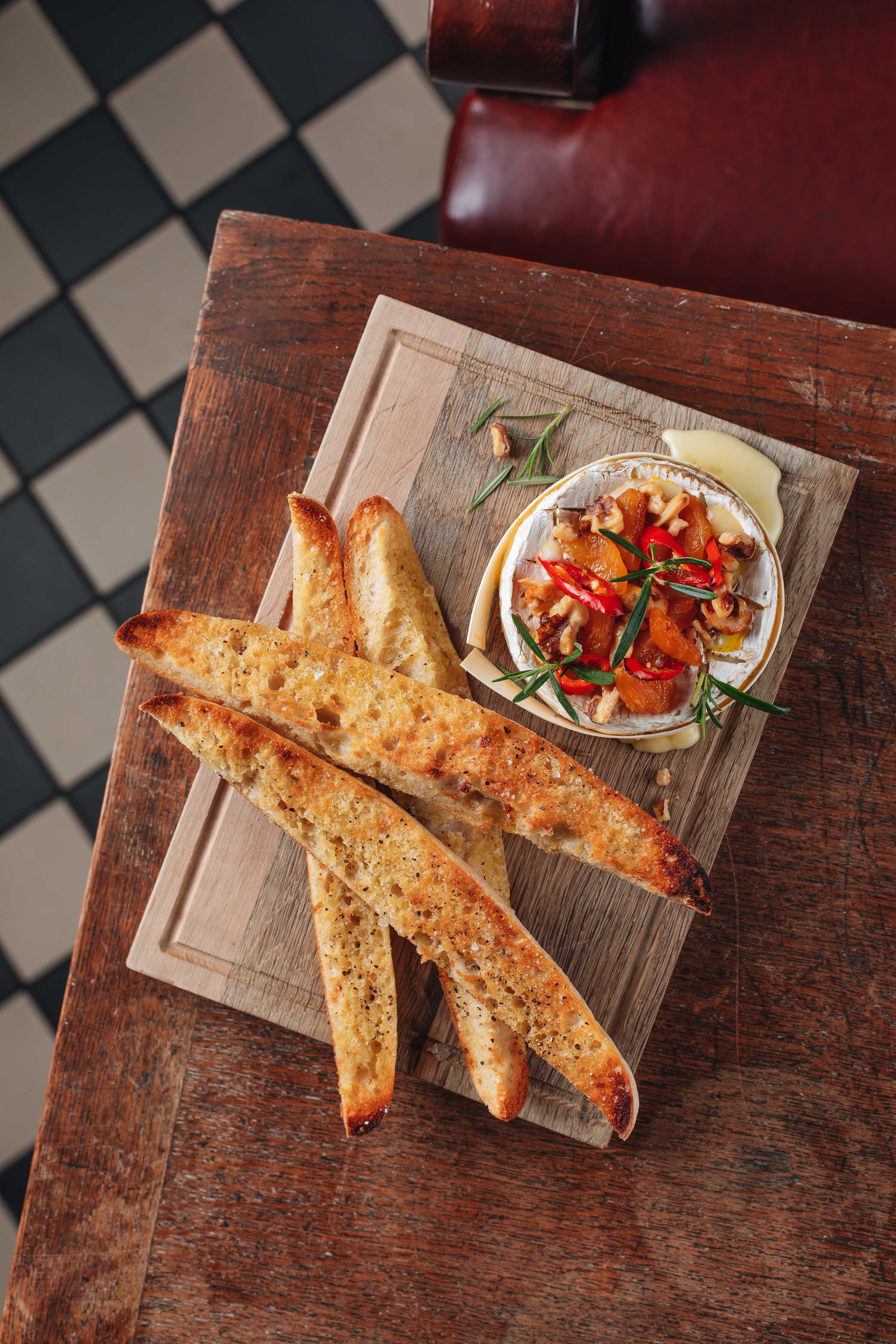 Baked Camembert, apricots, chilli, walnuts, warm sourdough The Claremont Bath 01225 571249