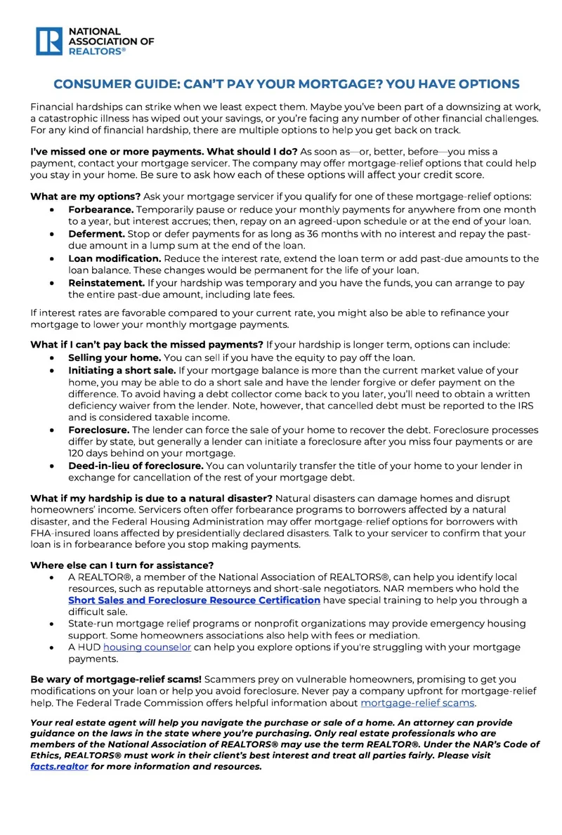 A document from the National Association of REALTORS, titled "Consumer Guide: Can't Pay Your Mortgage? You Have Options." The document provides advice for homeowners facing financial difficulties and unable to pay their mortgages, outlining various options and resources available.