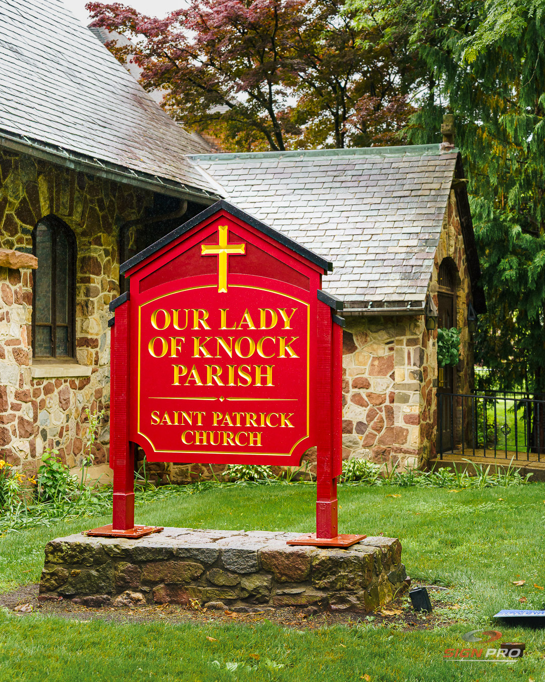 Custom monument sign created by Sign Pro for Saint Patrick Church, combining timeless design with long-lasting craftsmanship.