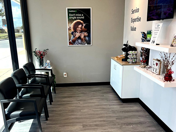 Interior photo of the lobby of AudioNova hearing clinic in Leesburg, FL