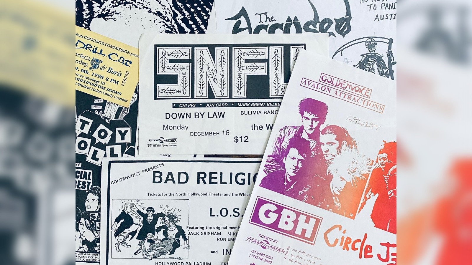 Original punk flyers highlighting legendary concert promotions, DIY music advertising, and historic band showcases.