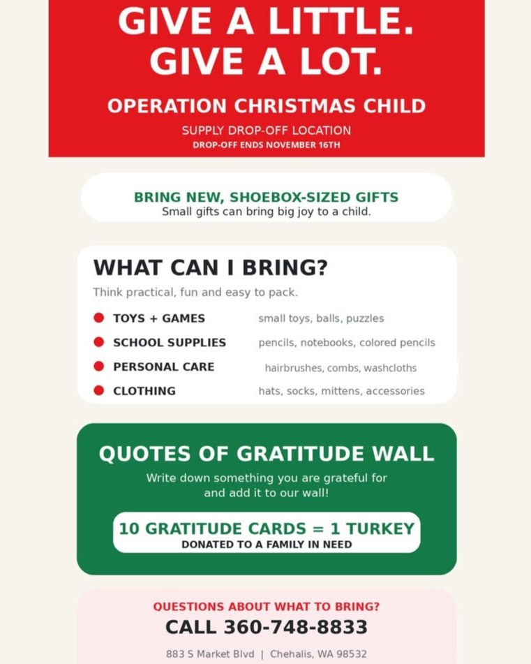 Michaela Voeller State Farm is happy to announce that we are a drop-off location for Samaritan's Purse Operation Christmas Child supplies! Please check out the attached flyer and consider joining us in spreading joy to children in need this holiday season.
