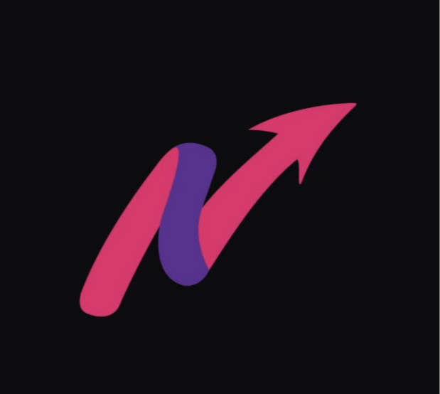 NextEra Marketing logo featuring a stylized, modern letter 'N' that transitions into an upward-pointing arrow. The logo uses a vibrant pink and purple color scheme set against a solid black background.