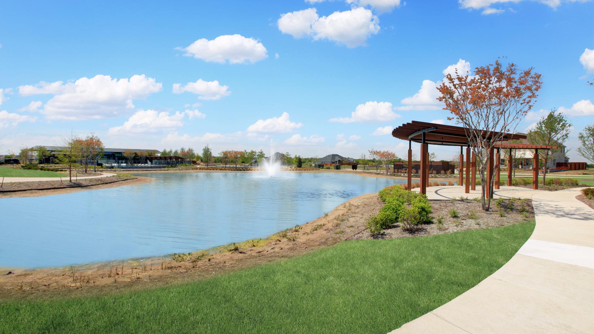 Walking trails with tranquil fountain views and shaded structures