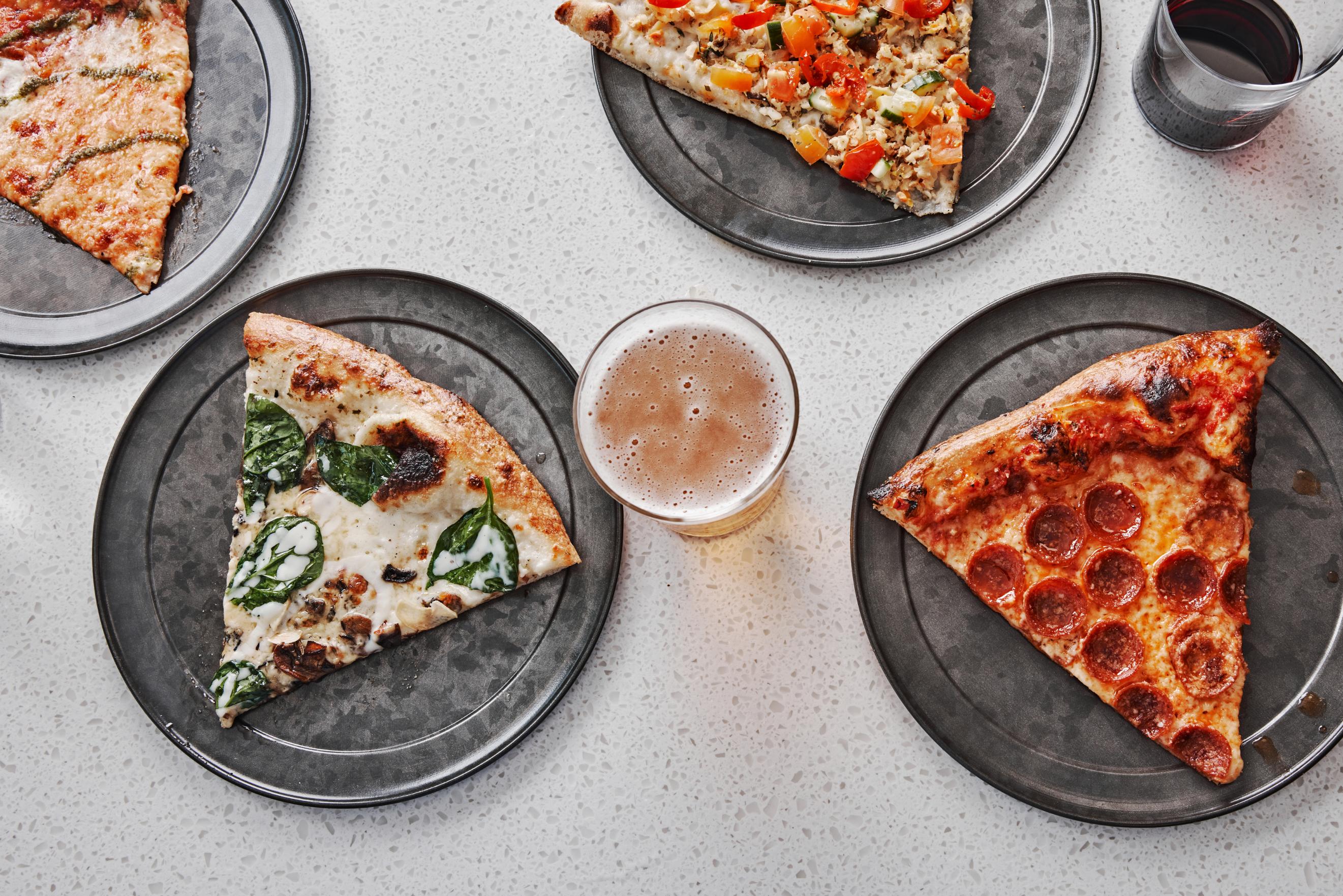 Red Sauce, Pepperoni Cups, Mozzarella, Hot Honey and White Sauce, Mozzarella, Bell Pepper, Red Onion, Spinach, Artichoke, Mushroom, Feta, Basil Pesto