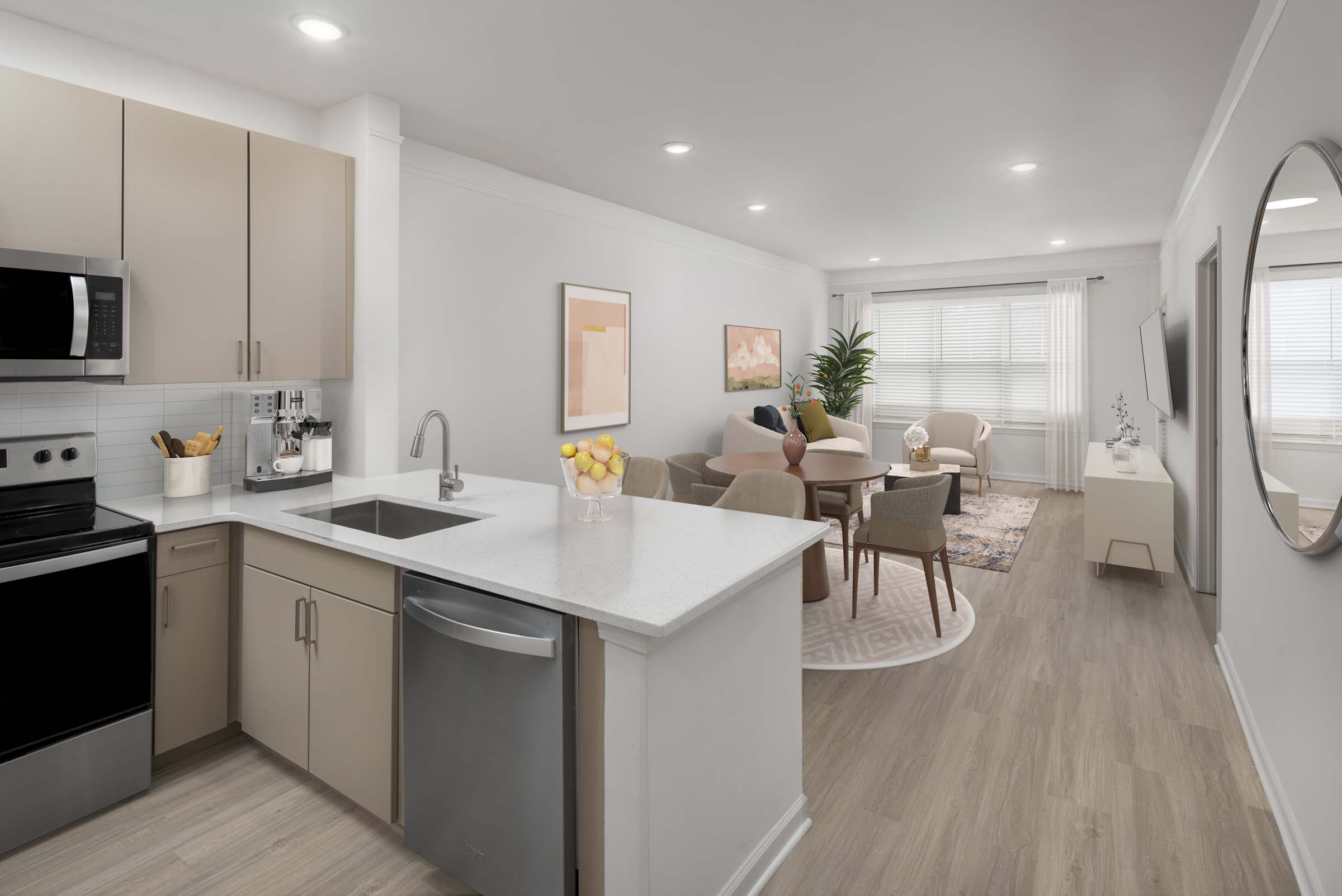 Contemporary finish style features mocha matte cabinets, white quartz countertops, white subway tile backsplash, stainless steel appliances, and USB-enabled outlets.