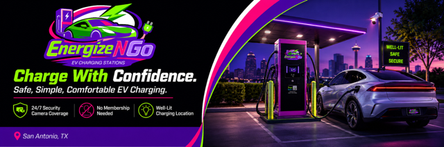 Charge your electric vehicle with confidence at EnergizeNGo. Enjoy safe, simple, and comfortable EV charging in a well‑lit, secure location designed for convenience and peace of mind.