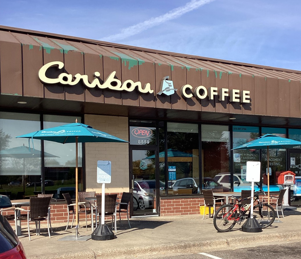 Storefront of the Caribou Coffee at 8559 Edinburgh Centre Drive North in Brooklyn Park