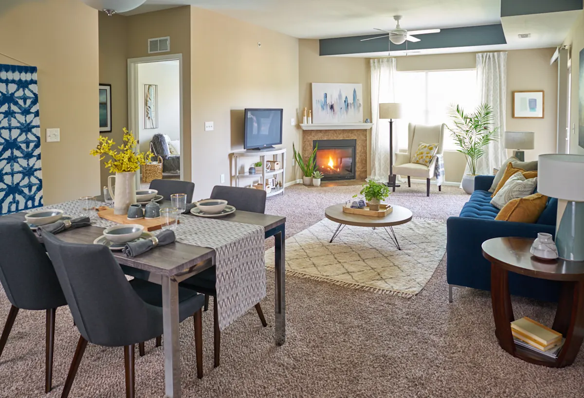 Spacious living room with dining table