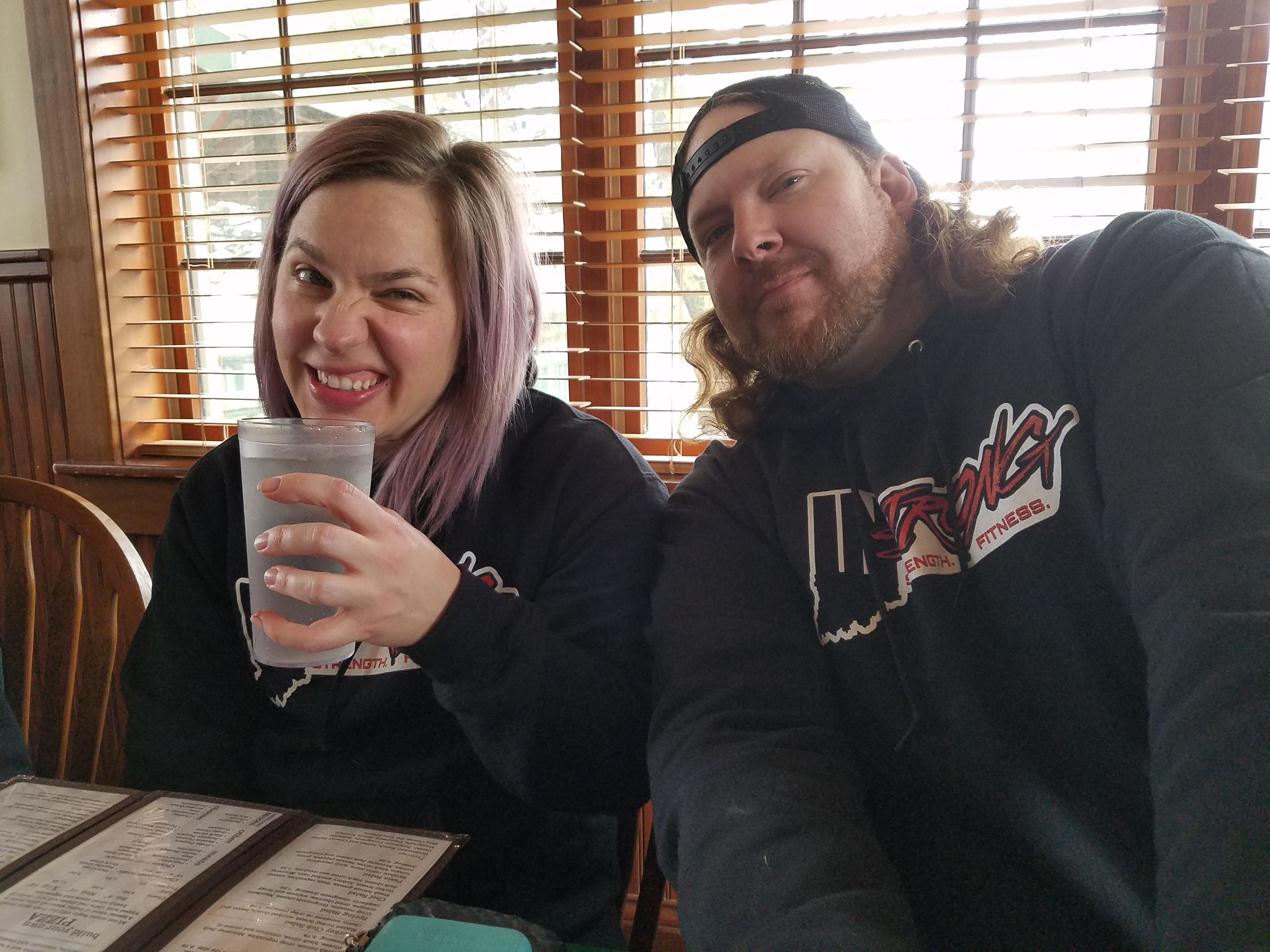 Hamming it up at an after contests gathering with strong woman legend Christina Bangma and her life partner Aaron Snider who collectively own IN Strong; a major hub of strongman in the state of Indiana located in Huntington.