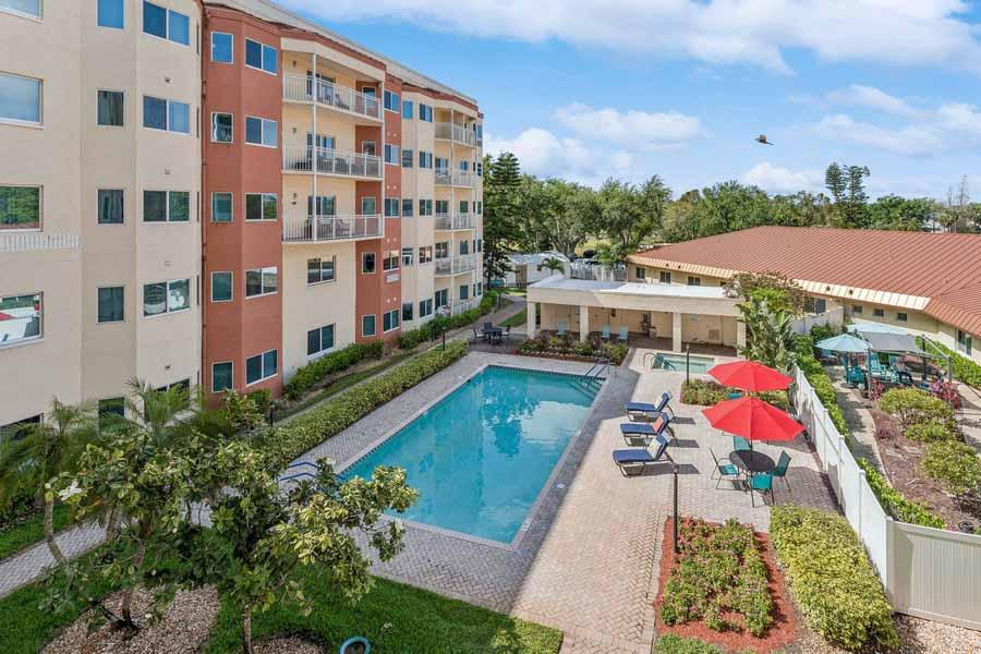 The Palms of Fort Myers aerial view of pool and patio