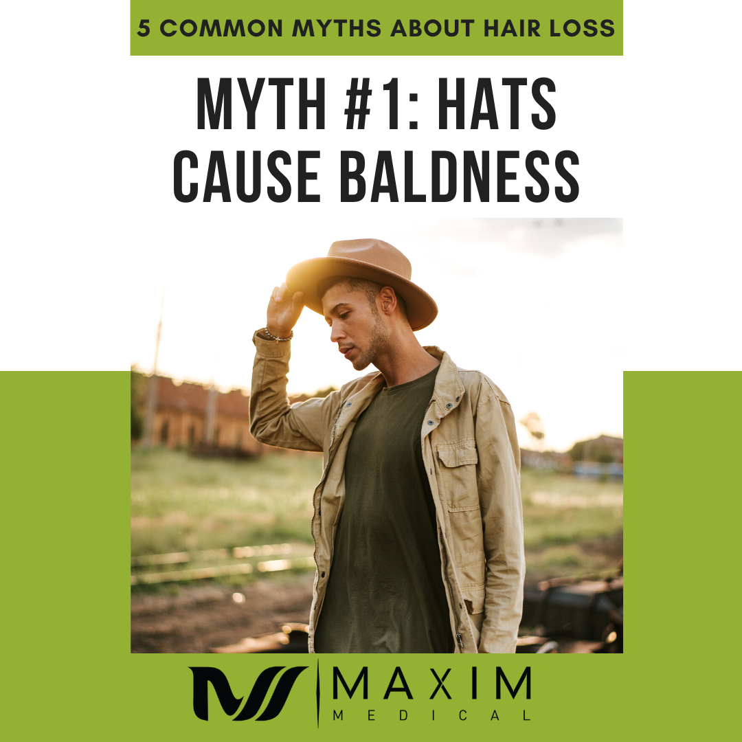 5 Common Myths About Hair Loss

1. Hats Cause Baldness
The common belief behind this myth is that a hat can restrict the blood flow circulation to the hair follicles. In reality, you would need to wear your hat so unnecessarily tight for this to occur. Naturally, this is very unlikely to happen as it would be greatly uncomfortable to wear such an accessory like that. Typical day-to-day hat wearing will not play a role in losing one’s hair.
A safety measure that is valid, however, is making sure your favorite hat is washed regularly. The oil and bacteria that can end up growing in the hat can (over time) negatively impact the health of your hair. Just as you would normally wash other clothes and personals, your hat should be treated in the same manner. In turn, keeping a hat from getting dirty will help you avoid scalp infections from dirt and sweat, thus improving your hair’s quality. Making sure that the hat does not cause much friction will minimize irritation to the hair follicles and scalp.

Full article available on our website: