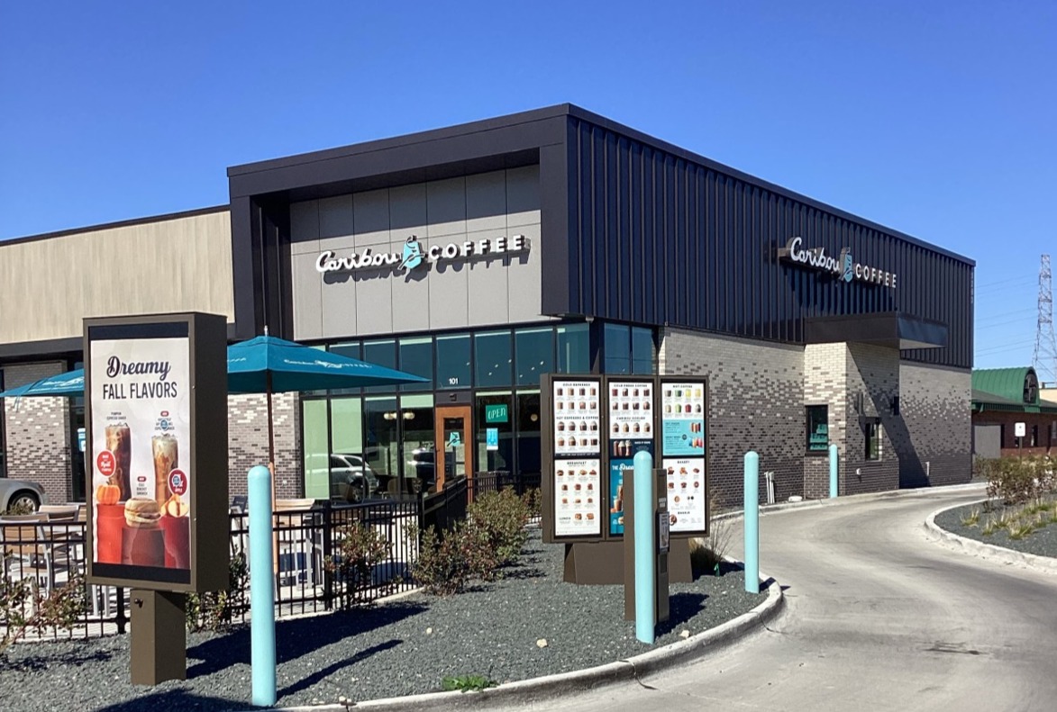 Storefront of the Caribou Coffee at 5260 Merle Hay Road in Johnston