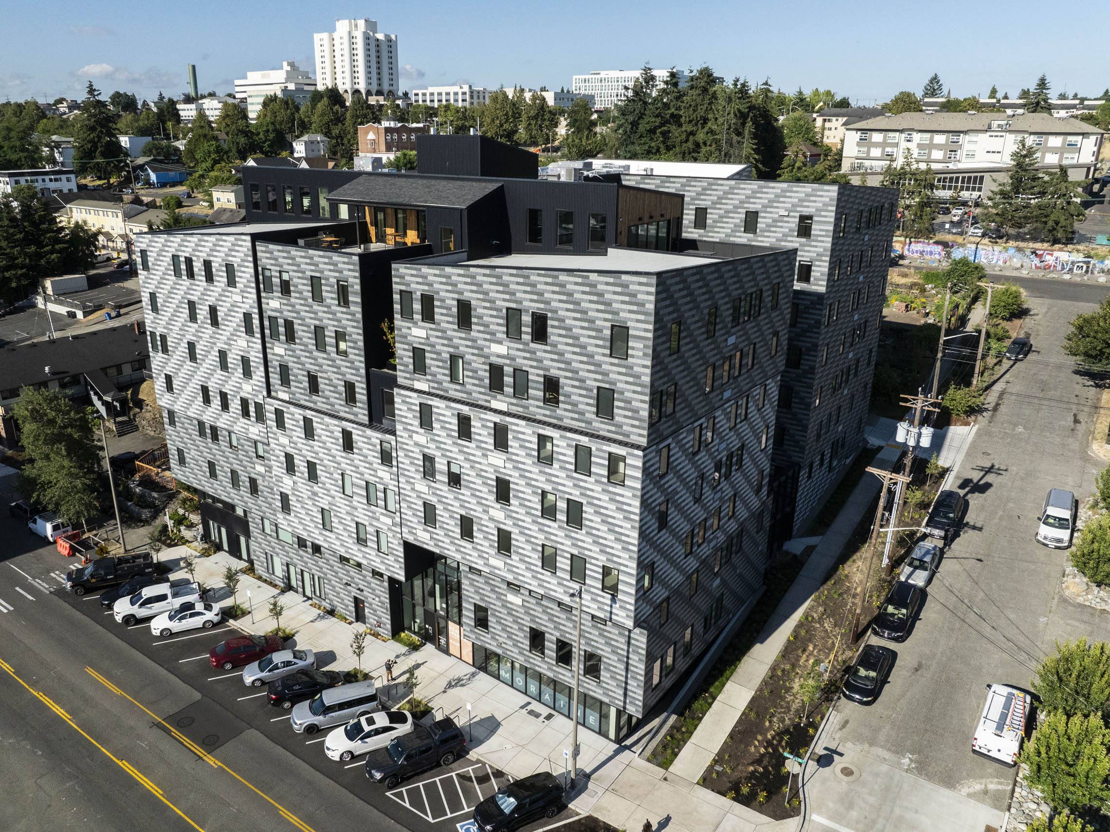 an aerial view of a large building in a city