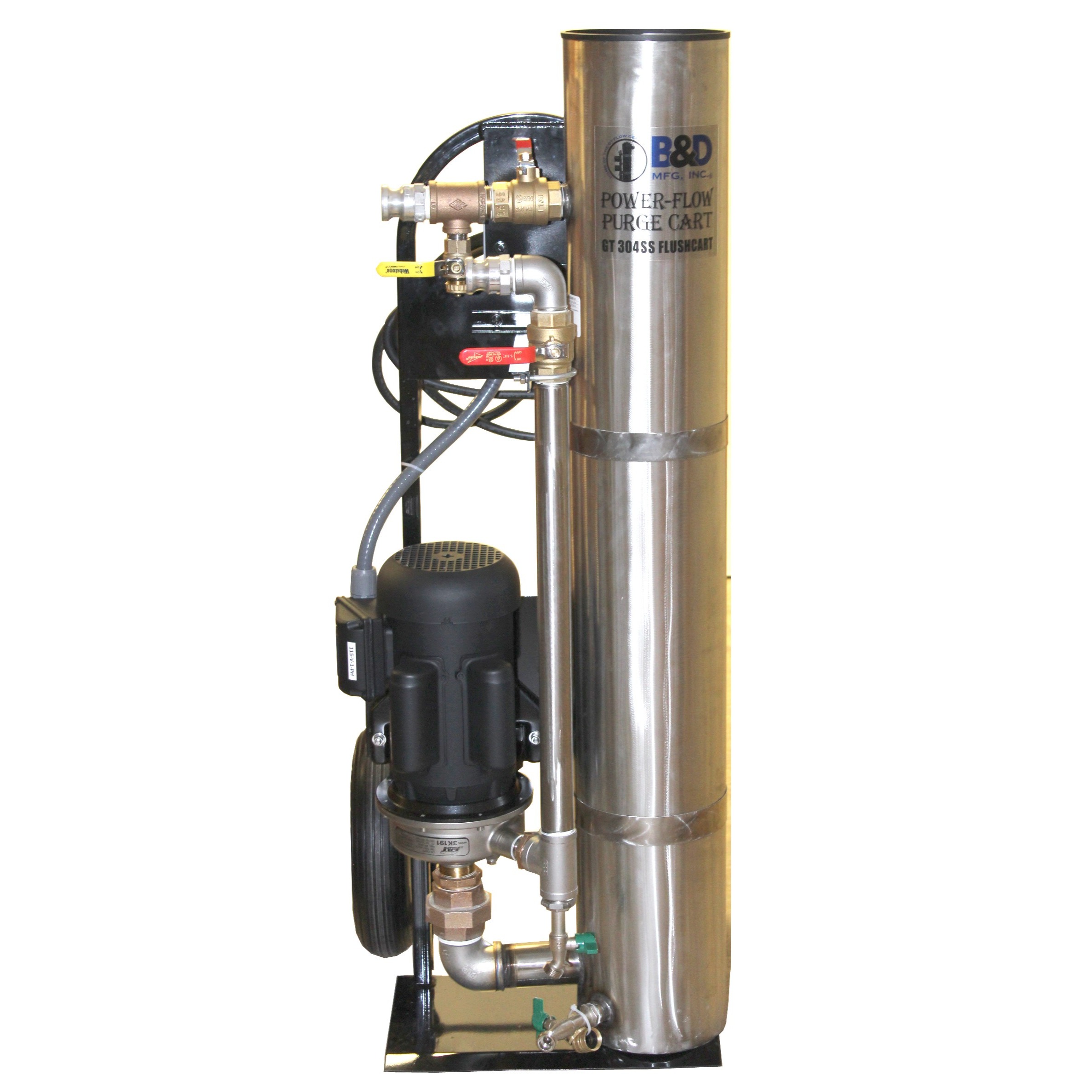 Geothermal purge cart by B & D Mfg., Inc., used for flushing and purging air from loop systems to ensure proper operation and system efficiency.